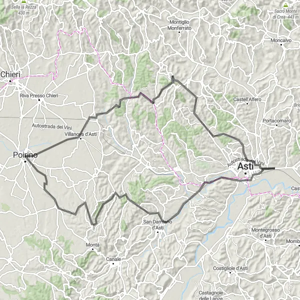 Miniatua del mapa de inspiración ciclista "Ruta de Carretera por Villanova d'Asti, Montafia, Asti, Vaglierano Basso y Ferrere" en Piemonte, Italy. Generado por Tarmacs.app planificador de rutas ciclistas