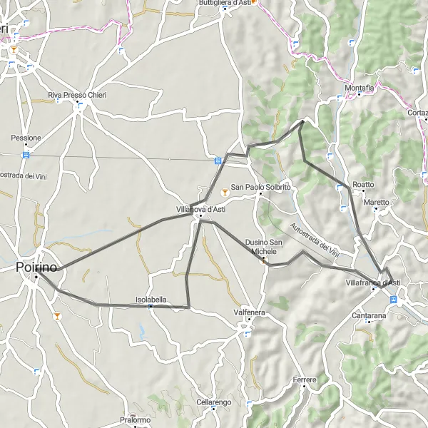 Mapa miniatúra "Scenic Road Route to Villafranca d'Asti" cyklistická inšpirácia v Piemonte, Italy. Vygenerované cyklistickým plánovačom trás Tarmacs.app