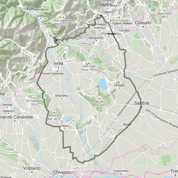 Map miniature of "Pollone to Pralungo Road" cycling inspiration in Piemonte, Italy. Generated by Tarmacs.app cycling route planner