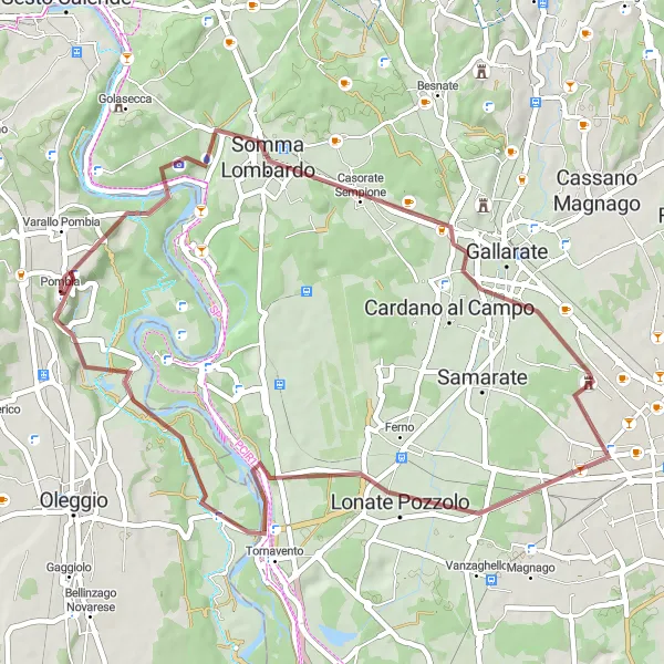 Map miniature of "Scenic Gravel Trails from Pombia to Marano Ticino" cycling inspiration in Piemonte, Italy. Generated by Tarmacs.app cycling route planner