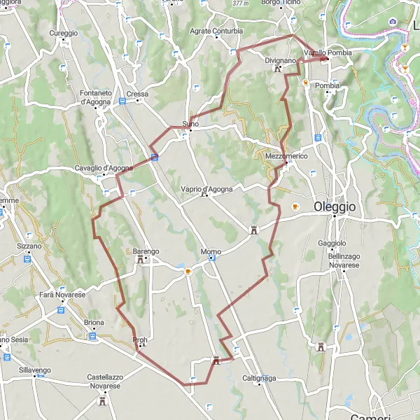 Miniatua del mapa de inspiración ciclista "Aventura en Gravel por Varallo Pombia y Cavaglio d'Agogna" en Piemonte, Italy. Generado por Tarmacs.app planificador de rutas ciclistas