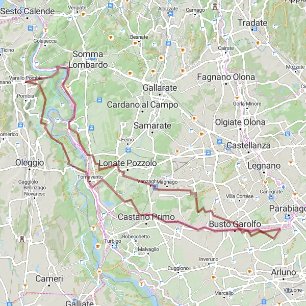 Kartminiatyr av "Lang grusvei sykkeltur rundt Pombia" sykkelinspirasjon i Piemonte, Italy. Generert av Tarmacs.app sykkelrutoplanlegger