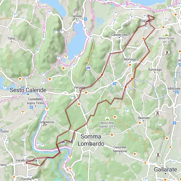Miniaturní mapa "Trasa kolem Varallo Pombie - Monte della Rovina - Monte Carbonaro - Galliate Lombardo - Mornago - Monte Cucco - Sass di biss" inspirace pro cyklisty v oblasti Piemonte, Italy. Vytvořeno pomocí plánovače tras Tarmacs.app