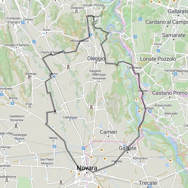 Miniaturní mapa "Trasa kolem Pombie - Tornavento - Novara - Agnellengo - Mezzomerico" inspirace pro cyklisty v oblasti Piemonte, Italy. Vytvořeno pomocí plánovače tras Tarmacs.app