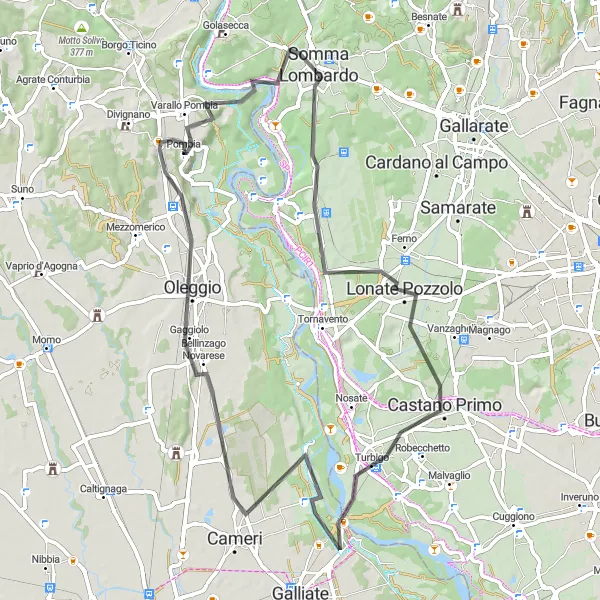 Zemljevid v pomanjšavi "Krožna cestna pot okoli Pombie" kolesarske inspiracije v Piemonte, Italy. Generirano z načrtovalcem kolesarskih poti Tarmacs.app