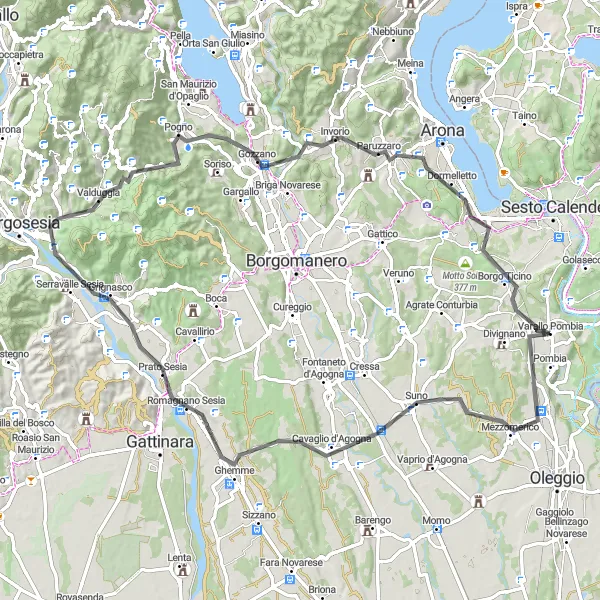 Miniaturní mapa "Trasa kolem Pombie - Suno - Grignasco - Colle della Guardia - Gozzano - Motto Carré - Borgo Ticino" inspirace pro cyklisty v oblasti Piemonte, Italy. Vytvořeno pomocí plánovače tras Tarmacs.app