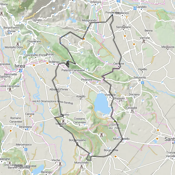 Karttaminiaatyyri "Maantiepyöräilyreitti Cerrionesta Mongrandoon" pyöräilyinspiraatiosta alueella Piemonte, Italy. Luotu Tarmacs.app pyöräilyreittisuunnittelijalla