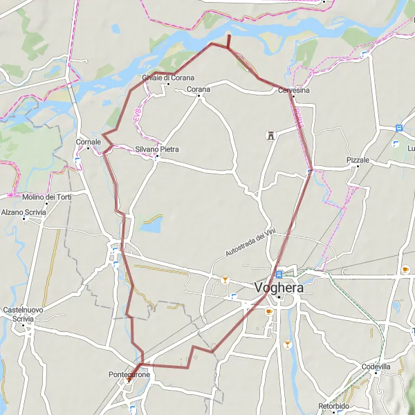 Mapa miniatúra "Gravelová cyklotrasa okolo Pontecurone" cyklistická inšpirácia v Piemonte, Italy. Vygenerované cyklistickým plánovačom trás Tarmacs.app