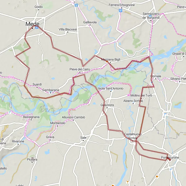 Miniaturní mapa "Trasa kolo na štěrkovém povrchu kolem Pontecurone" inspirace pro cyklisty v oblasti Piemonte, Italy. Vytvořeno pomocí plánovače tras Tarmacs.app