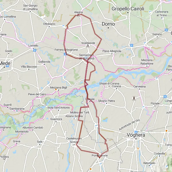 Miniaturní mapa "Gravelový okruh kolem Pontecurone" inspirace pro cyklisty v oblasti Piemonte, Italy. Vytvořeno pomocí plánovače tras Tarmacs.app