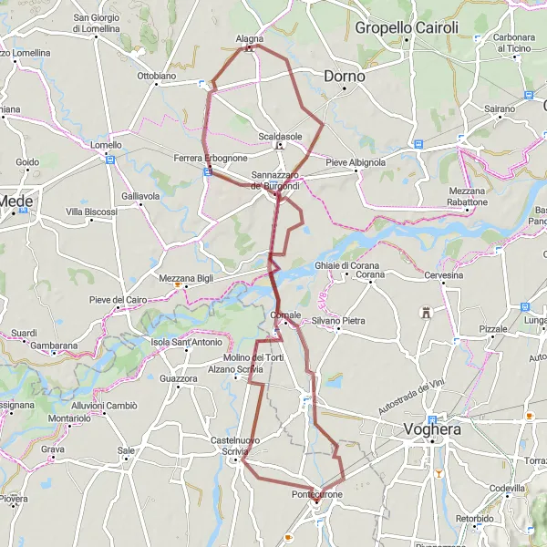 Miniatura della mappa di ispirazione al ciclismo "Avventuroso percorso gravel da Pontecurone a Casei Gerola" nella regione di Piemonte, Italy. Generata da Tarmacs.app, pianificatore di rotte ciclistiche