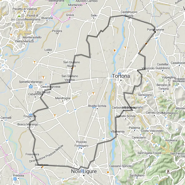 Mapa miniatúra "Cestná cyklotrasa z Pontecurone" cyklistická inšpirácia v Piemonte, Italy. Vygenerované cyklistickým plánovačom trás Tarmacs.app
