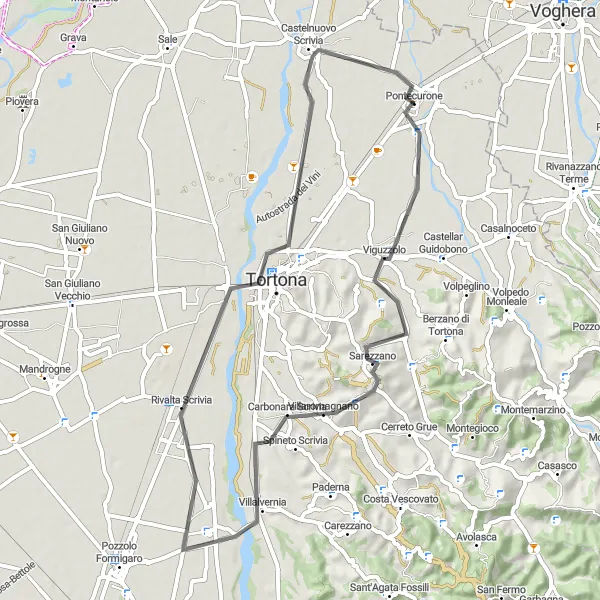Miniatura della mappa di ispirazione al ciclismo "Giro in bicicletta da Pontecurone a Monte Mirano" nella regione di Piemonte, Italy. Generata da Tarmacs.app, pianificatore di rotte ciclistiche