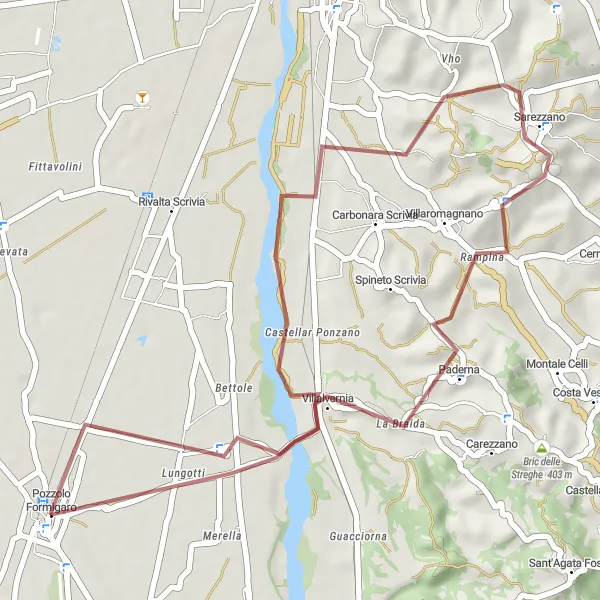 Miniaturní mapa "Gravelový okruh kolem Pozzolo Formigaro" inspirace pro cyklisty v oblasti Piemonte, Italy. Vytvořeno pomocí plánovače tras Tarmacs.app