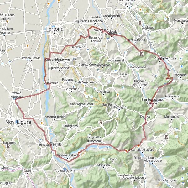 Map miniature of "Gravel Exploration in Pozzolo Formigaro" cycling inspiration in Piemonte, Italy. Generated by Tarmacs.app cycling route planner