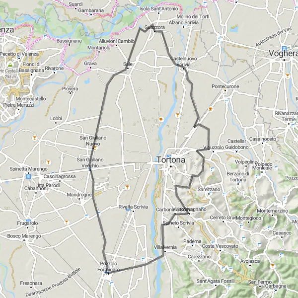 Karten-Miniaturansicht der Radinspiration "Rund um San Giuliano Vecchio" in Piemonte, Italy. Erstellt vom Tarmacs.app-Routenplaner für Radtouren
