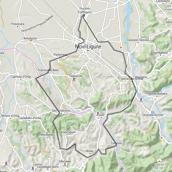 Miniaturní mapa "Okruh kolem Pozzolo Formigaro a okolí" inspirace pro cyklisty v oblasti Piemonte, Italy. Vytvořeno pomocí plánovače tras Tarmacs.app