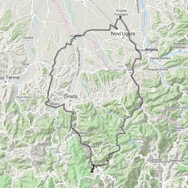 Zemljevid v pomanjšavi "Cestno kolesarjenje v bližini Pozzolo Formigaro" kolesarske inspiracije v Piemonte, Italy. Generirano z načrtovalcem kolesarskih poti Tarmacs.app