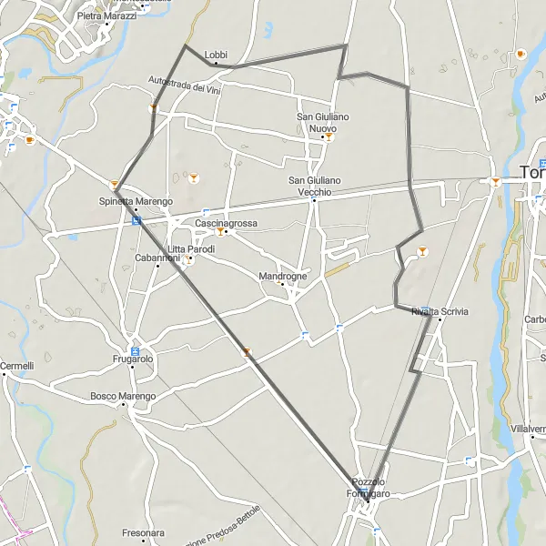 Miniaturní mapa "Relaxační cyklotrasa okolo Pozzolo Formigaro" inspirace pro cyklisty v oblasti Piemonte, Italy. Vytvořeno pomocí plánovače tras Tarmacs.app