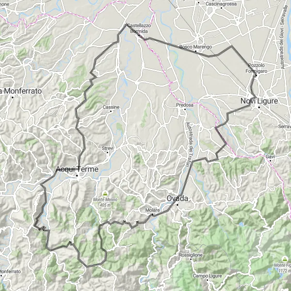 Miniature de la carte de l'inspiration cycliste "L'épopée à vélo de Novi Ligure à Bosco Marengo via Acqui Terme" dans la Piemonte, Italy. Générée par le planificateur d'itinéraire cycliste Tarmacs.app