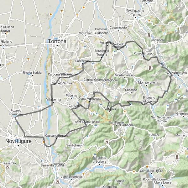 Karttaminiaatyyri "Historiallinen kierros Pozzolo Formigarosta" pyöräilyinspiraatiosta alueella Piemonte, Italy. Luotu Tarmacs.app pyöräilyreittisuunnittelijalla