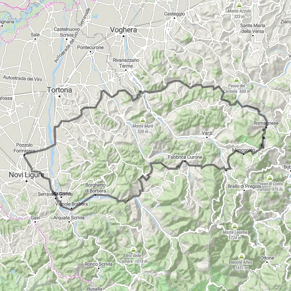Zemljevid v pomanjšavi "Pozzolo Formigaro - Monte Spineto" kolesarske inspiracije v Piemonte, Italy. Generirano z načrtovalcem kolesarskih poti Tarmacs.app