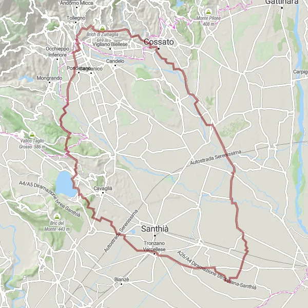 Kartminiatyr av "Grusväg till Viverone och Biella" cykelinspiration i Piemonte, Italy. Genererad av Tarmacs.app cykelruttplanerare