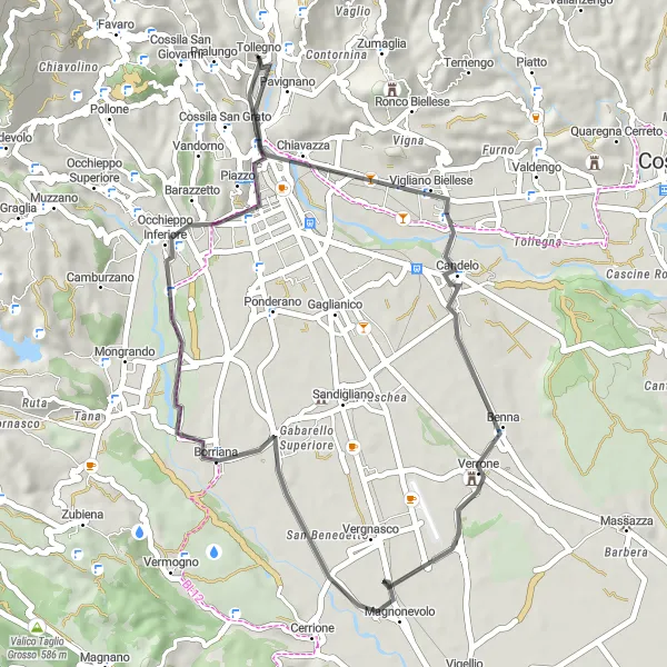 Miniaturní mapa "Road Tollegno - Vernato Loop" inspirace pro cyklisty v oblasti Piemonte, Italy. Vytvořeno pomocí plánovače tras Tarmacs.app