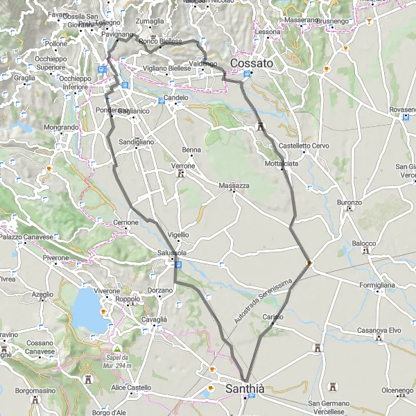 Kartminiatyr av "Vägar i Ronco Biellese" cykelinspiration i Piemonte, Italy. Genererad av Tarmacs.app cykelruttplanerare