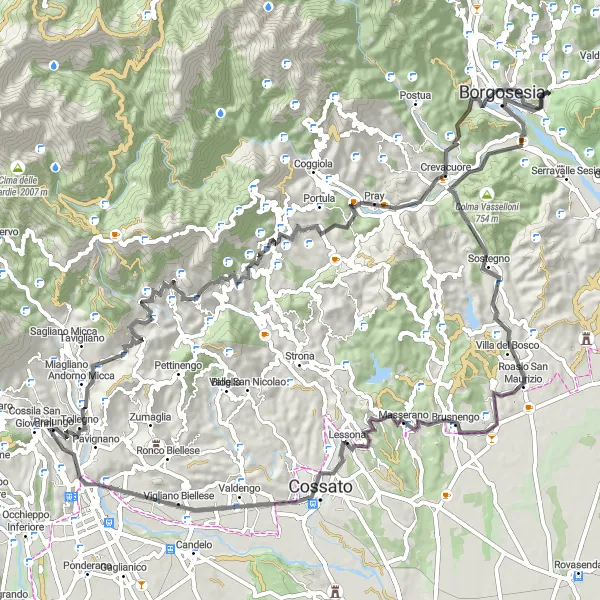 Miniatura della mappa di ispirazione al ciclismo "Strada - Pralungo loop attraverso Bric della Randolina, Azoglio e Vigliano Biellese" nella regione di Piemonte, Italy. Generata da Tarmacs.app, pianificatore di rotte ciclistiche