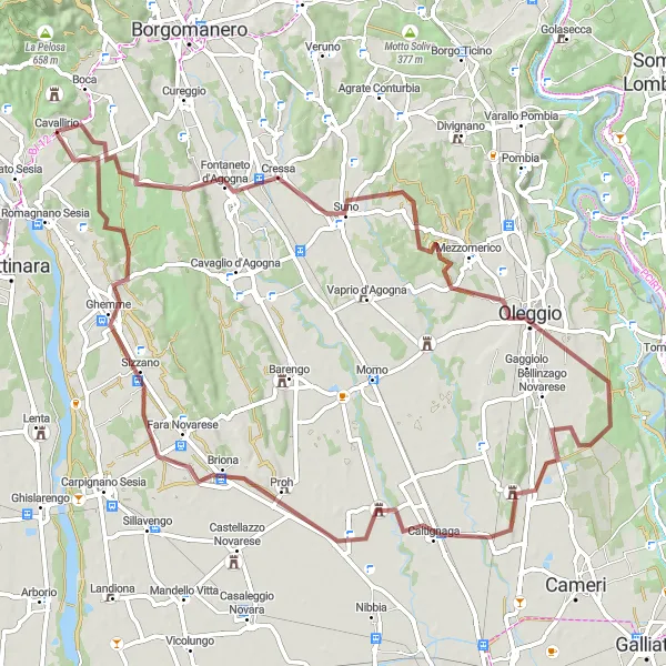 Kartminiatyr av "Grusvei Eventyr rundt Prato Sesia" sykkelinspirasjon i Piemonte, Italy. Generert av Tarmacs.app sykkelrutoplanlegger