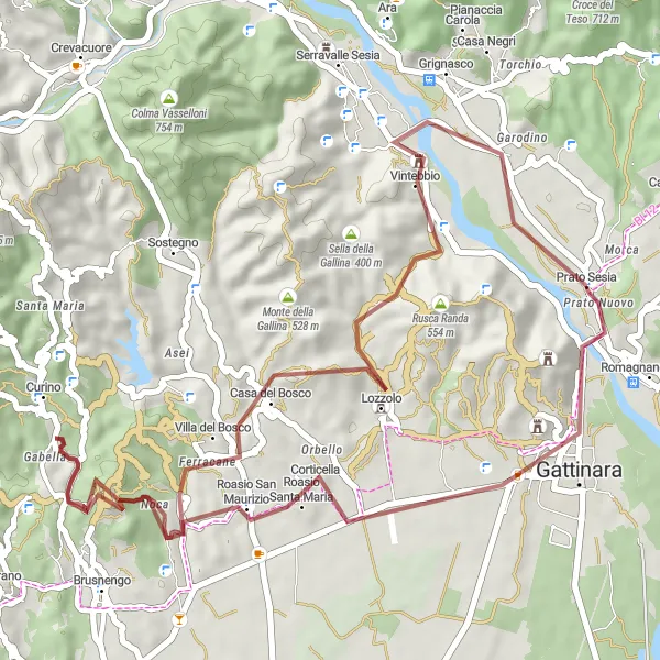 Miniatura della mappa di ispirazione al ciclismo "Esplorazione Gravel da Gattinara a Prato Sesia" nella regione di Piemonte, Italy. Generata da Tarmacs.app, pianificatore di rotte ciclistiche