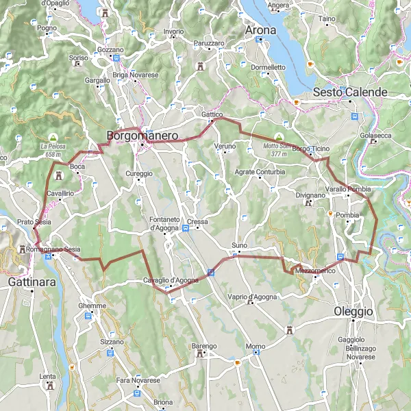 Miniaturní mapa "Gravelová dobrodružná cesta kolem Prato Sesia" inspirace pro cyklisty v oblasti Piemonte, Italy. Vytvořeno pomocí plánovače tras Tarmacs.app