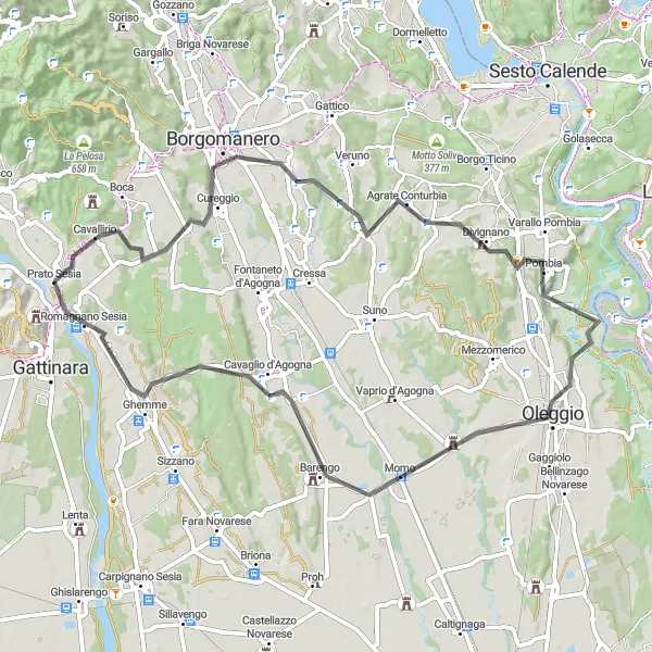 Miniatura della mappa di ispirazione al ciclismo "Tour in Bicicletta tra Borghi Antichi di Borgomanero e Romagnano Sesia" nella regione di Piemonte, Italy. Generata da Tarmacs.app, pianificatore di rotte ciclistiche