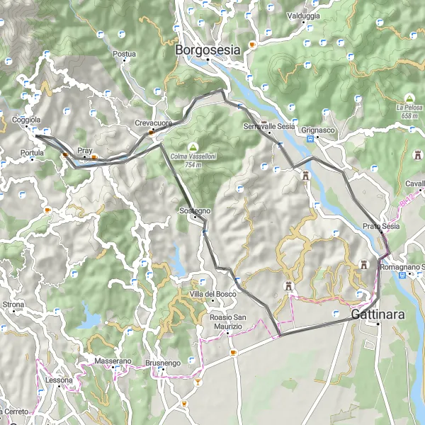 Miniaturní mapa "Okruh kolem Prato Sesia" inspirace pro cyklisty v oblasti Piemonte, Italy. Vytvořeno pomocí plánovače tras Tarmacs.app