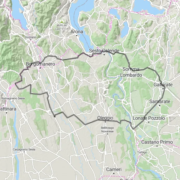 Miniaturní mapa "Výlet na kole kolem Prato Sesia" inspirace pro cyklisty v oblasti Piemonte, Italy. Vytvořeno pomocí plánovače tras Tarmacs.app