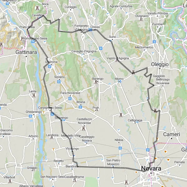 Miniatura della mappa di ispirazione al ciclismo "Giro Panoramico da Cavallirio a Ghemme" nella regione di Piemonte, Italy. Generata da Tarmacs.app, pianificatore di rotte ciclistiche