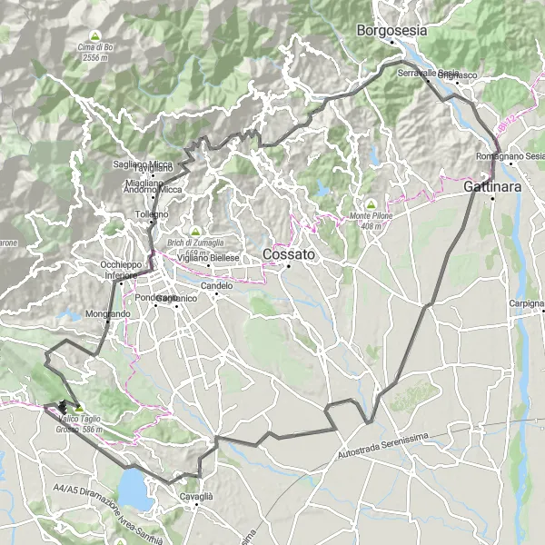 Miniatura della mappa di ispirazione al ciclismo "Giro in bicicletta da Prato Sesia attraverso Gattinara e Torrazzo" nella regione di Piemonte, Italy. Generata da Tarmacs.app, pianificatore di rotte ciclistiche
