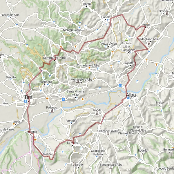 Map miniature of "Roero Gravel Explorer" cycling inspiration in Piemonte, Italy. Generated by Tarmacs.app cycling route planner