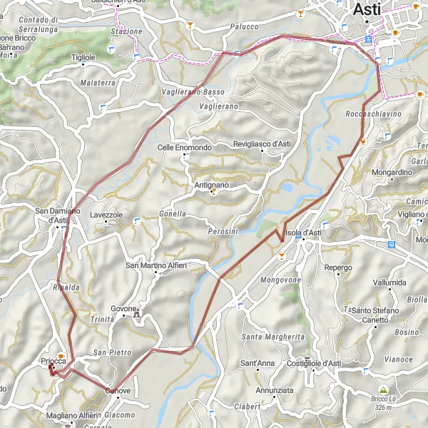 Map miniature of "Asti Gravel Escape" cycling inspiration in Piemonte, Italy. Generated by Tarmacs.app cycling route planner