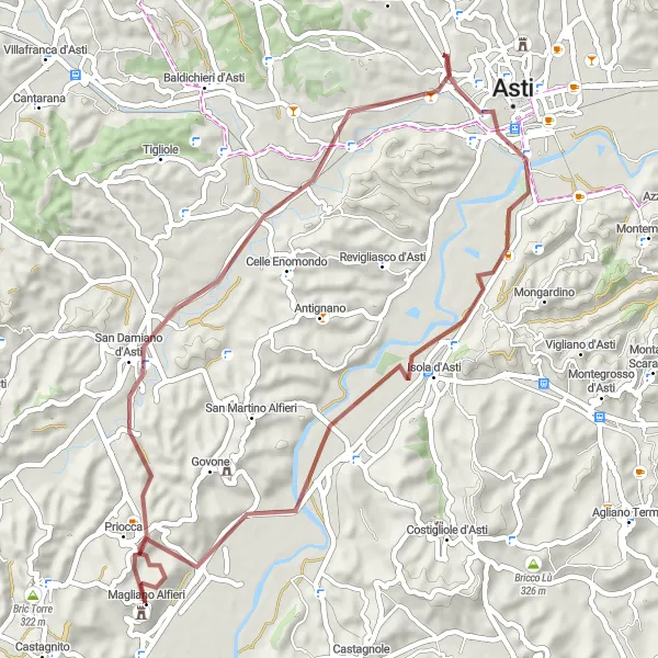 Kartminiatyr av "Gravelcykling från Priocca till Magliano Alfieri" cykelinspiration i Piemonte, Italy. Genererad av Tarmacs.app cykelruttplanerare