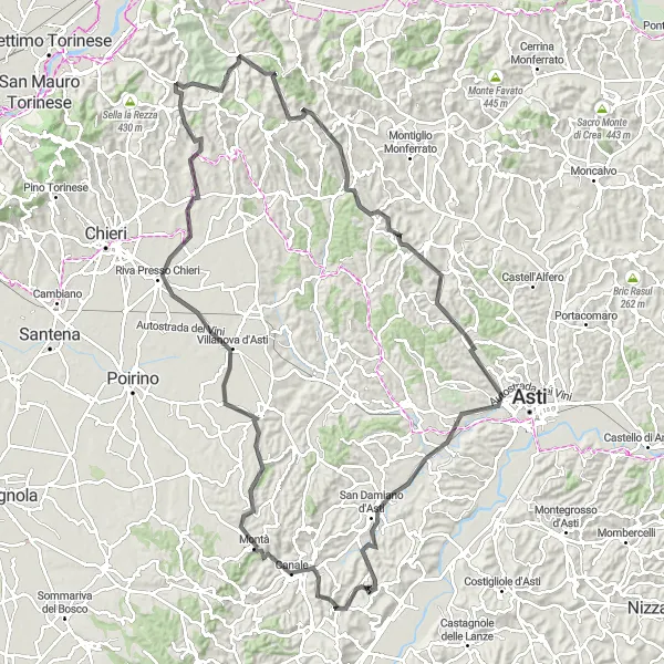 Karttaminiaatyyri "Kulttuuria ja luontoa yhdistävä reitti" pyöräilyinspiraatiosta alueella Piemonte, Italy. Luotu Tarmacs.app pyöräilyreittisuunnittelijalla