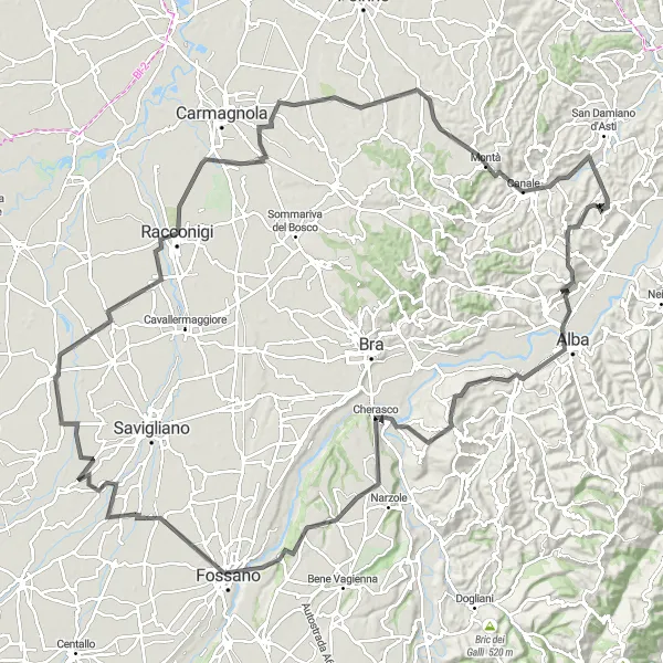 Mapa miniatúra "Cyklistický okruh cez Castello di Roddi" cyklistická inšpirácia v Piemonte, Italy. Vygenerované cyklistickým plánovačom trás Tarmacs.app