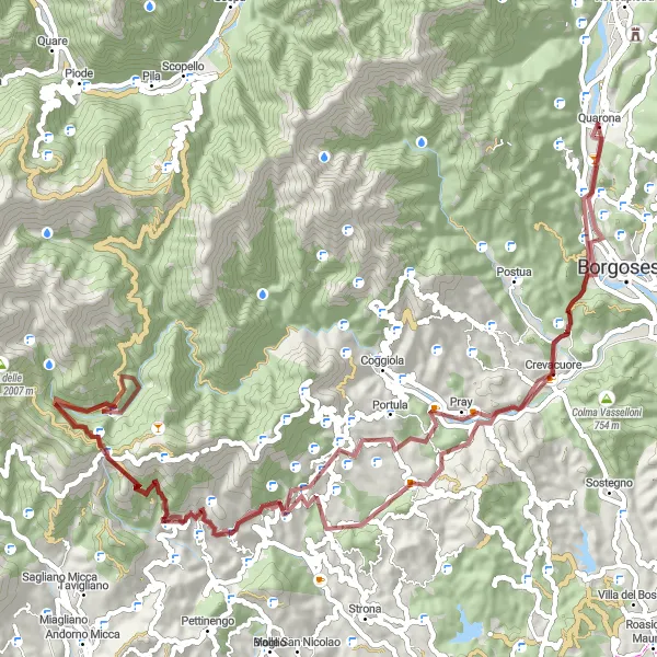 Miniatura della mappa di ispirazione al ciclismo "Esplorazione in mountain bike da Quarona ad Agnona" nella regione di Piemonte, Italy. Generata da Tarmacs.app, pianificatore di rotte ciclistiche