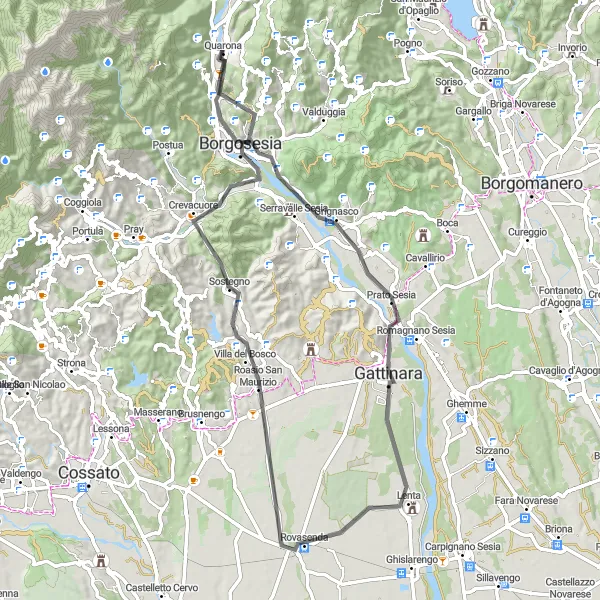 Karten-Miniaturansicht der Radinspiration "Roadbike-Tour von Quarona: Grignasco und Tre Croci" in Piemonte, Italy. Erstellt vom Tarmacs.app-Routenplaner für Radtouren