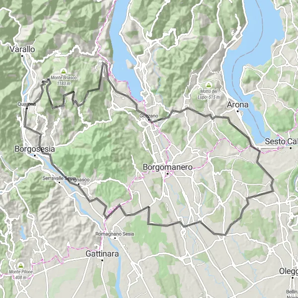 Map miniature of "The Lakeside Route" cycling inspiration in Piemonte, Italy. Generated by Tarmacs.app cycling route planner