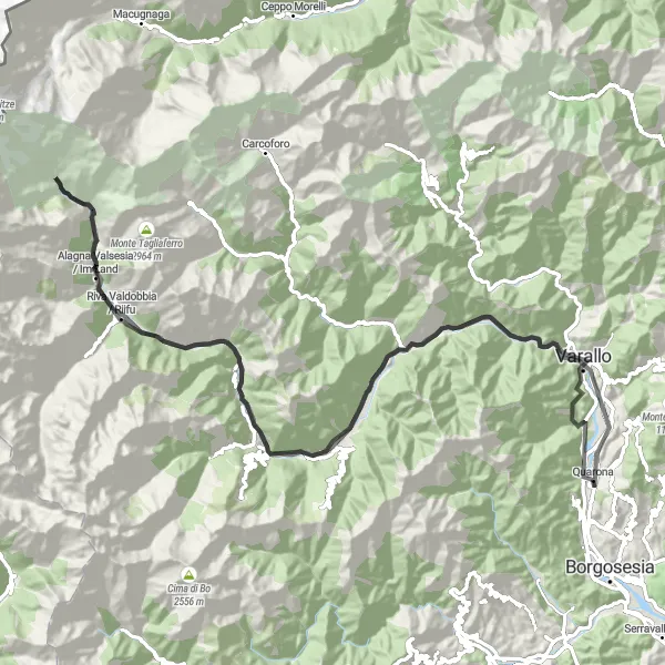 Miniatura della mappa di ispirazione al ciclismo "Avventura in bicicletta da Quarona a Valmaggiore" nella regione di Piemonte, Italy. Generata da Tarmacs.app, pianificatore di rotte ciclistiche