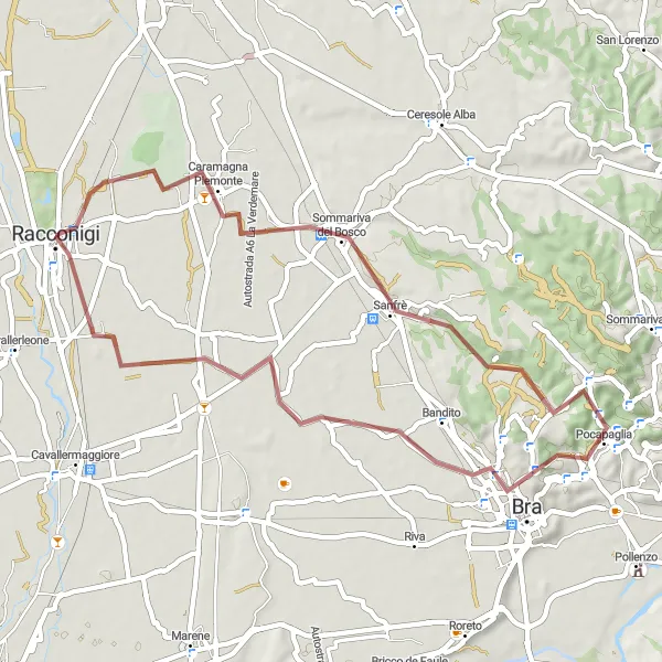 Miniatura della mappa di ispirazione al ciclismo "Gravel tra Racconigi e Canapile" nella regione di Piemonte, Italy. Generata da Tarmacs.app, pianificatore di rotte ciclistiche