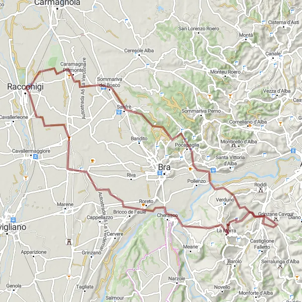 Kartminiatyr av "Sommariva del Bosco - Castello di Grinzane Cavour - Roreto - Canapile" cykelinspiration i Piemonte, Italy. Genererad av Tarmacs.app cykelruttplanerare