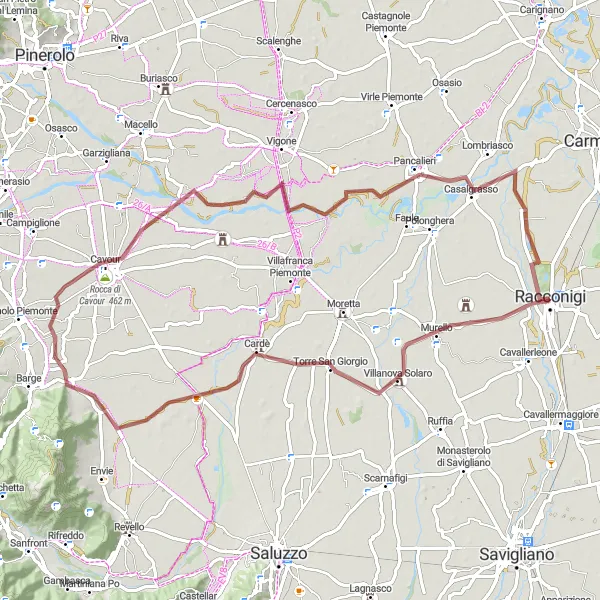Zemljevid v pomanjšavi "Potovanje med Villanova Solaro in Castello Reale di Racconigi" kolesarske inspiracije v Piemonte, Italy. Generirano z načrtovalcem kolesarskih poti Tarmacs.app